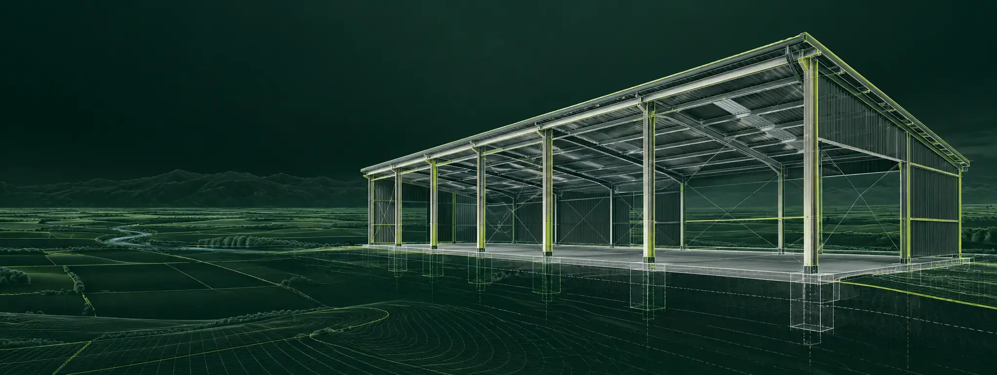 Technical pole shed design visualisation over Rangitīkei farmland and hill country