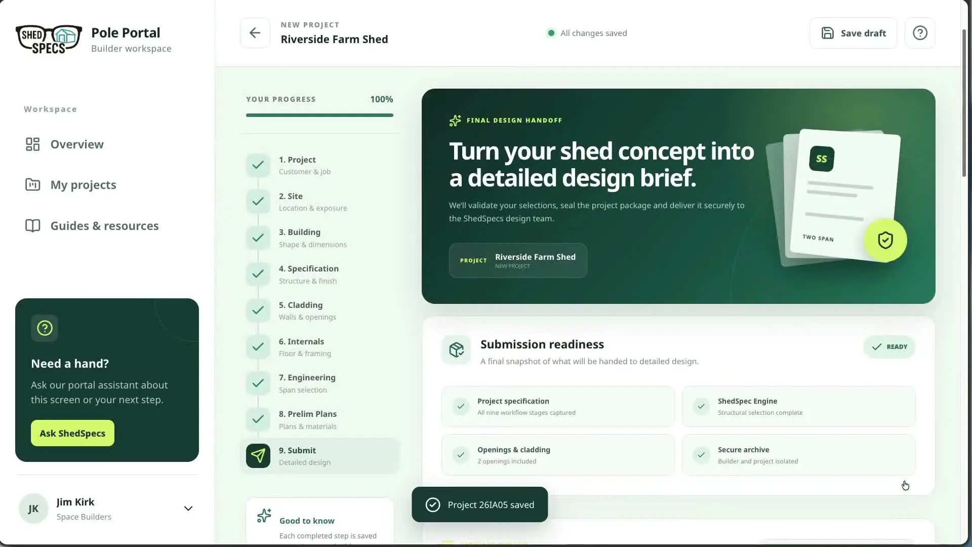 Detailed design handoff in the ShedSpecs Pole Portal