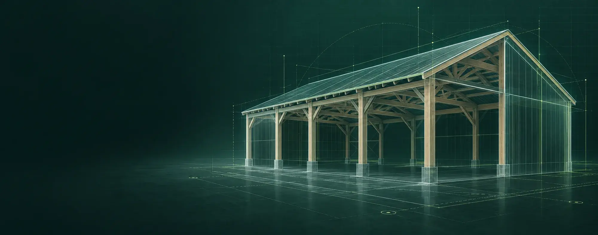 Conceptual pole shed design visualisation with architectural drawing lines