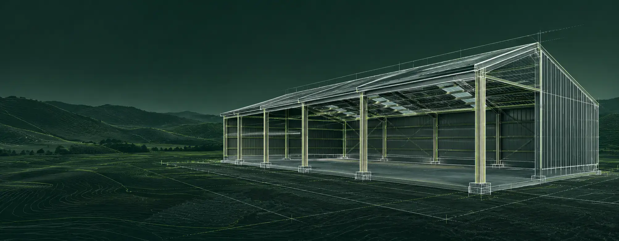 Technical pole shed design visualisation over Wairarapa valley contours