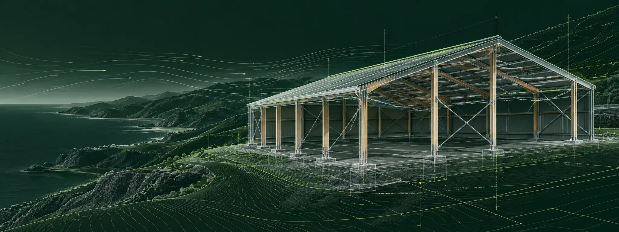 Technical pole shed design visualisation over Kāpiti Coast terrain